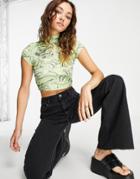 Bershka Retro Marbled Print Crop Top In Green