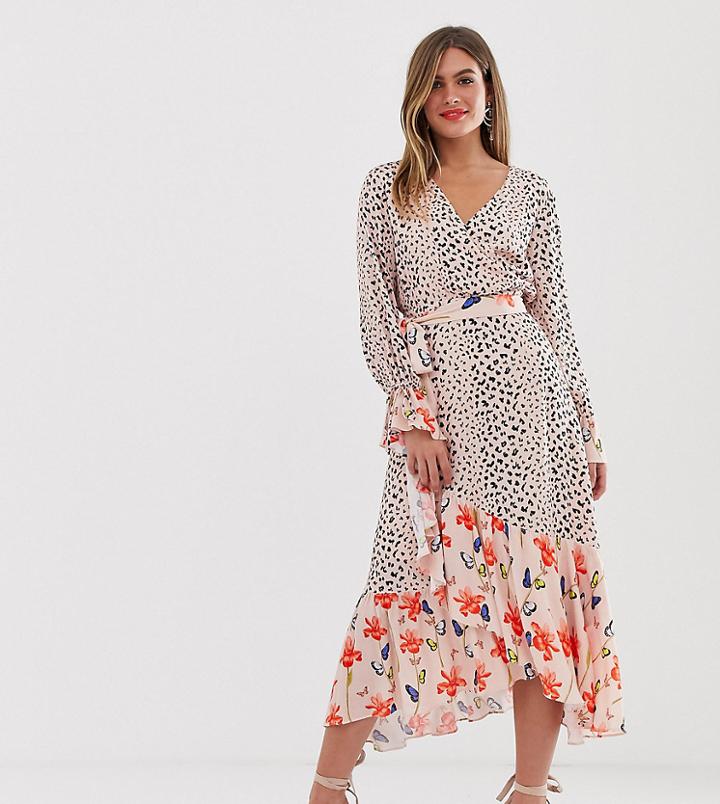 Dark Pink Wrap Midi Dress In Mixed Print - Multi