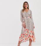Dark Pink Wrap Midi Dress In Mixed Print - Multi