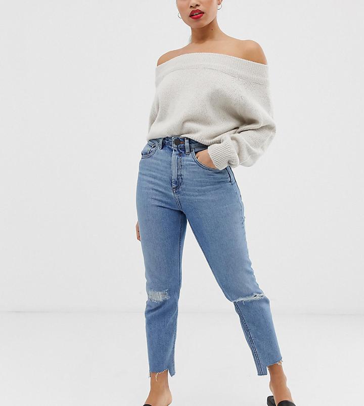Asos Design Petite Farleigh High Waisted Slim Mom Jeans In Light Vintage Wash With Busted Knee And Rip & Repair Detail - Blue