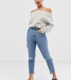 Asos Design Petite Farleigh High Waisted Slim Mom Jeans In Light Vintage Wash With Busted Knee And Rip & Repair Detail - Blue