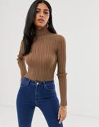 Asos Design Roll Neck Sweater In Fine Knit Rib - Brown