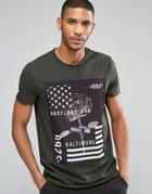 Asos Longline T-shirt With Printed Floral And Flag Patch - Green As Sample