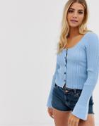 Asos Design Scoop Neck Cardigan In Skinny Rib With Buttons - Blue