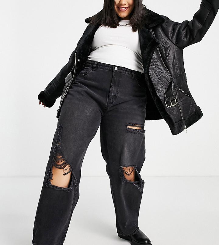 I Saw It First Plus Wide Leg Jeans With Busted Knee In Black