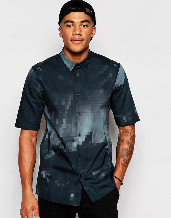 Asos Black Shirt In Pixel Print With Half Sleeves In Regular Fit - Black