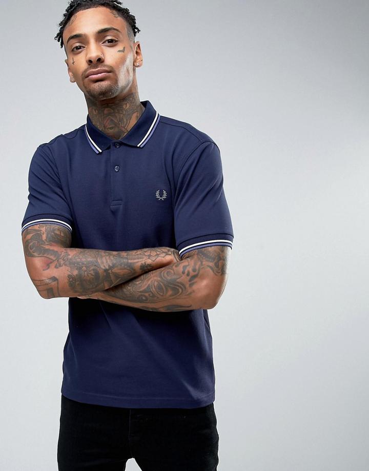 Fred Perry Slim Pique Polo Shirt Two Tone Tipped In Carbon Blue - Navy