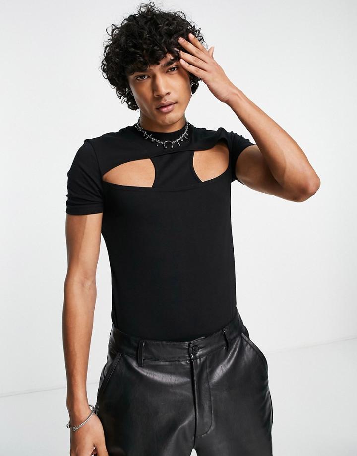 Asos Design Muscle Fit Double Layer T-shirt With Cutouts In Black