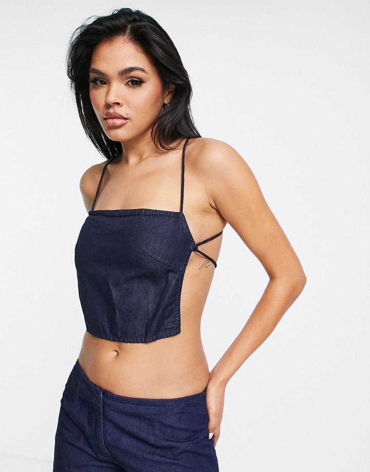 Motel Y2k Strappy Back Cami Top In Indigo Chambray - Part Of A Set-navy