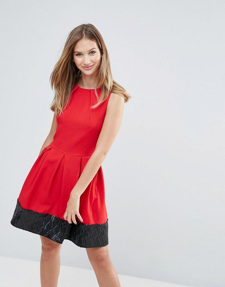 Closet Sequin Hem Skater Dress - Red