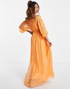 Asos Design Off Shoulder Maxi Dress With Blouson Sleeve In Self Stripe-multi