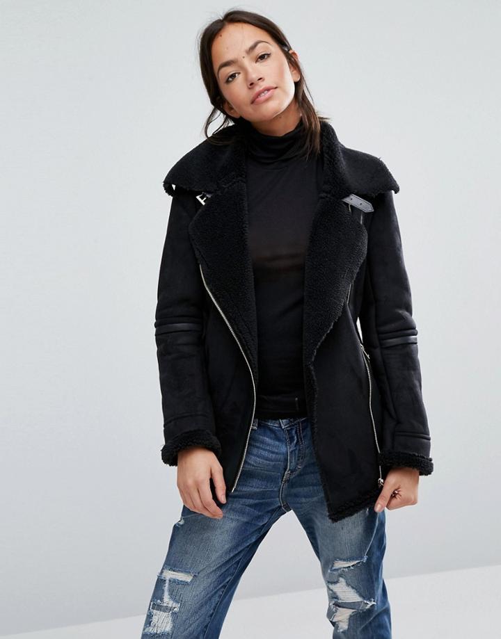 New Look Faux Fleece Lined Aviator Jacket - Black