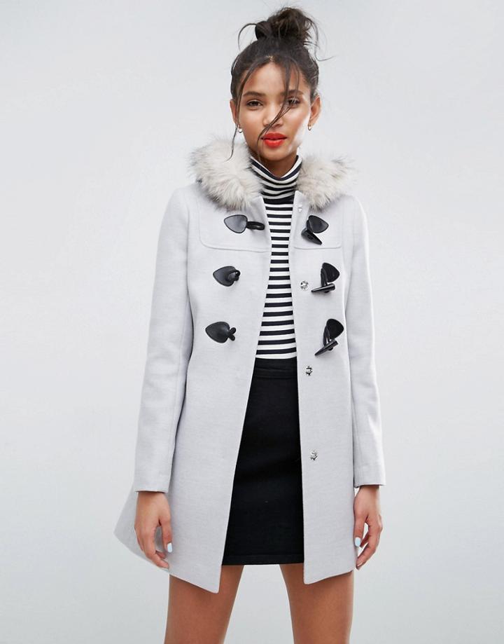 Asos Duffle Coat With Faux Fur Hood - Gray