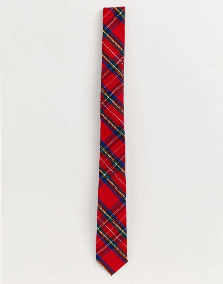 Asos Design Slim Tie In Red Plaid Check - Red
