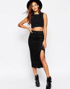 Asos Denim Pencil Midi Skirt With Lace Up In Washed Black - Washed Black