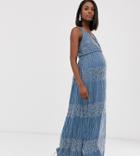 Asos Design Maternity Wrap Bodice Maxi Dress In Linear And Floral Embellishment-multi
