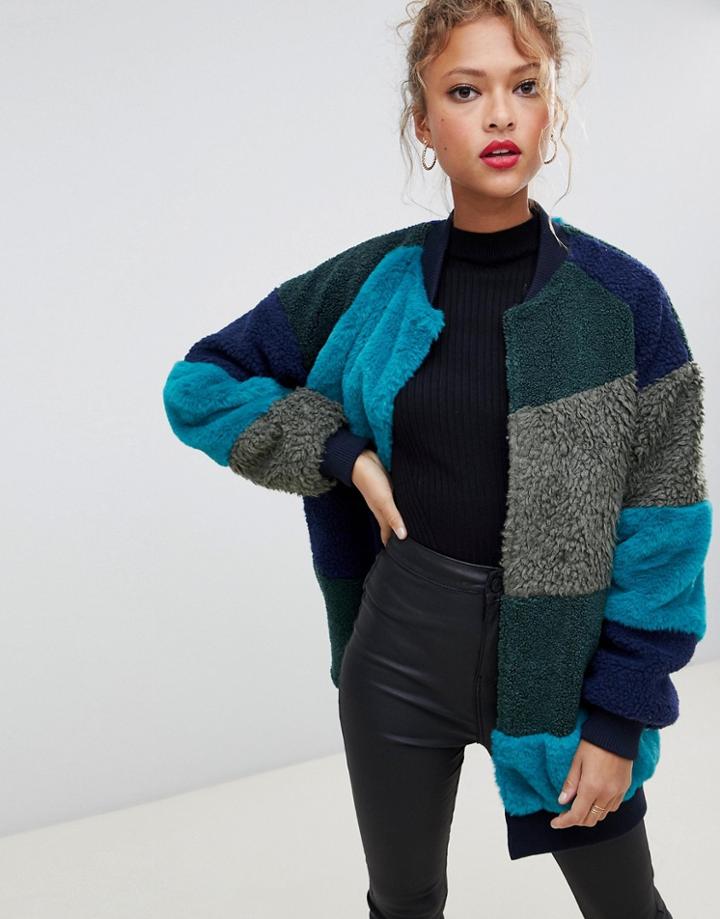 Noisy May Faux Fur Patchwork Coat - Multi