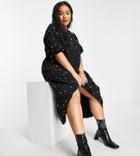 Asos Design Curve Midi Tiered Smock Dress With All Over Star Embroidery In Black