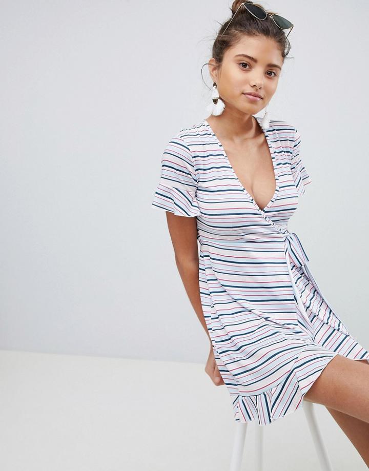 Prettylittlething Striped Wrap Dress - Blue