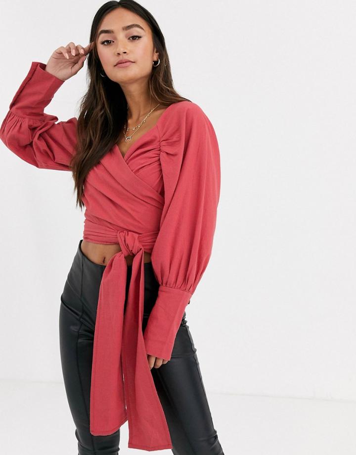 Asos Design Textured Long Sleeve Top With Wrap Around Waist Detail-stone