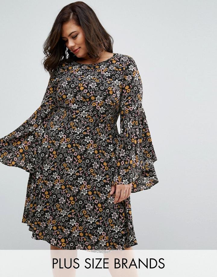 Koko Plus Swing Dress With Frill Sleeves - Black
