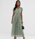 Asos Design Tall Wrap Front Maxi Dress With Buckle Belt In Self Stripe-green