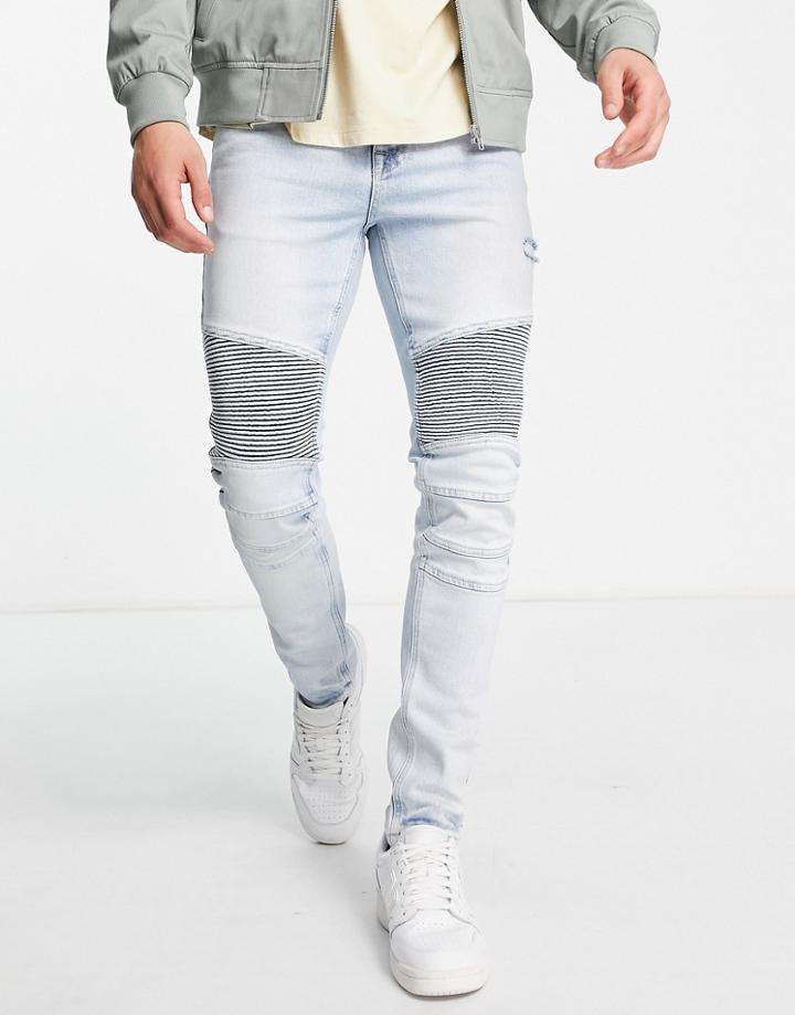 Asos Design Skinny Jeans In Light Wash With Biker Detail-blue