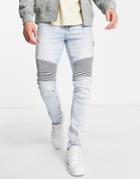 Asos Design Skinny Jeans In Light Wash With Biker Detail-blue