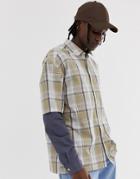 Asos Design Relaxed Grid Check Shirt In Beige Check With Layer Sleeve - Beige