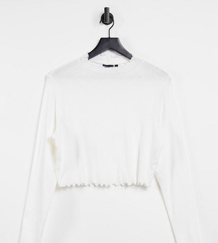 Asos Design Petite Turtle Neck Crop Top With Lettuce Edge In White