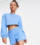 Threadbare Petite Long Sleeve Slogan Crop Top And Sweat Shorts Set In Azure Blue-blues