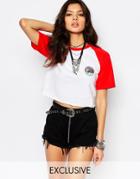 Milk It Vintage Cropped Retro Raglan T-shirt With Happy Rainbow Badge - White