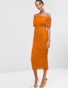 Asos Lace Crop Top Midi Bardot Pencil Dress - Orange