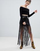 Bershka Sequin Fringe Midi Skirt - Black