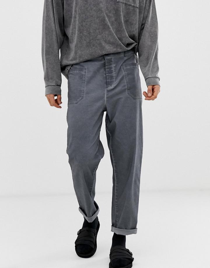 Asos Design Relaxed Chinos In Charcoal Oil Wash With Front Pockets-gray