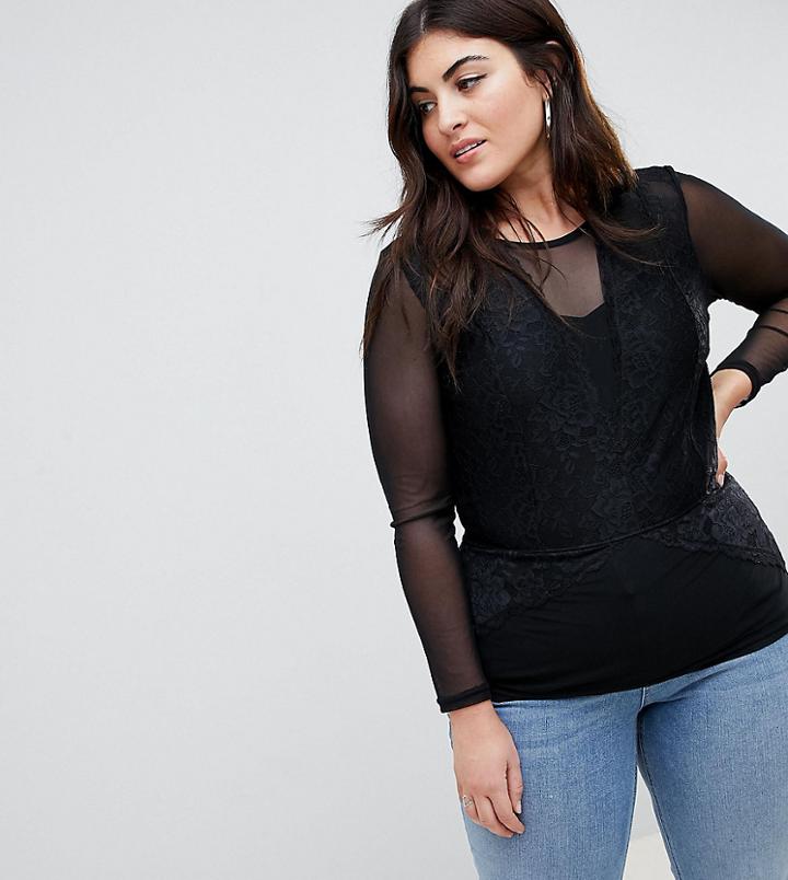 Junarose Sheer Mesh Top With Lace Detail - Black