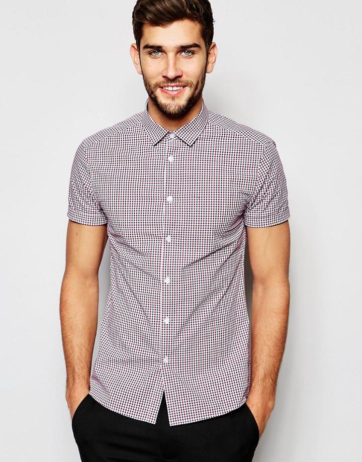 Asos Skinny Shirt In Red And Blue Gingham Check With Short Sleeves