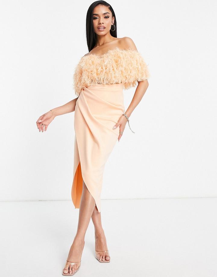 Asos Design 2 Piece Off Shoulder Pencil Wrap Tuck Embellished Midi Dress In Peach-multi