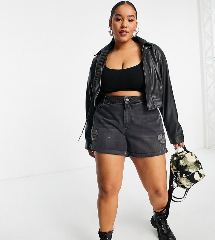 Noisy May Curve Mom Denim Shorts In Black