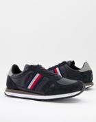 Tommy Hilfiger Leather Runner Sneakers With Side Stripes In Black