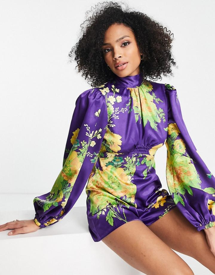 Asos Design Satin Puff Sleeve Romper In Oversized Wild Flower Print-multi