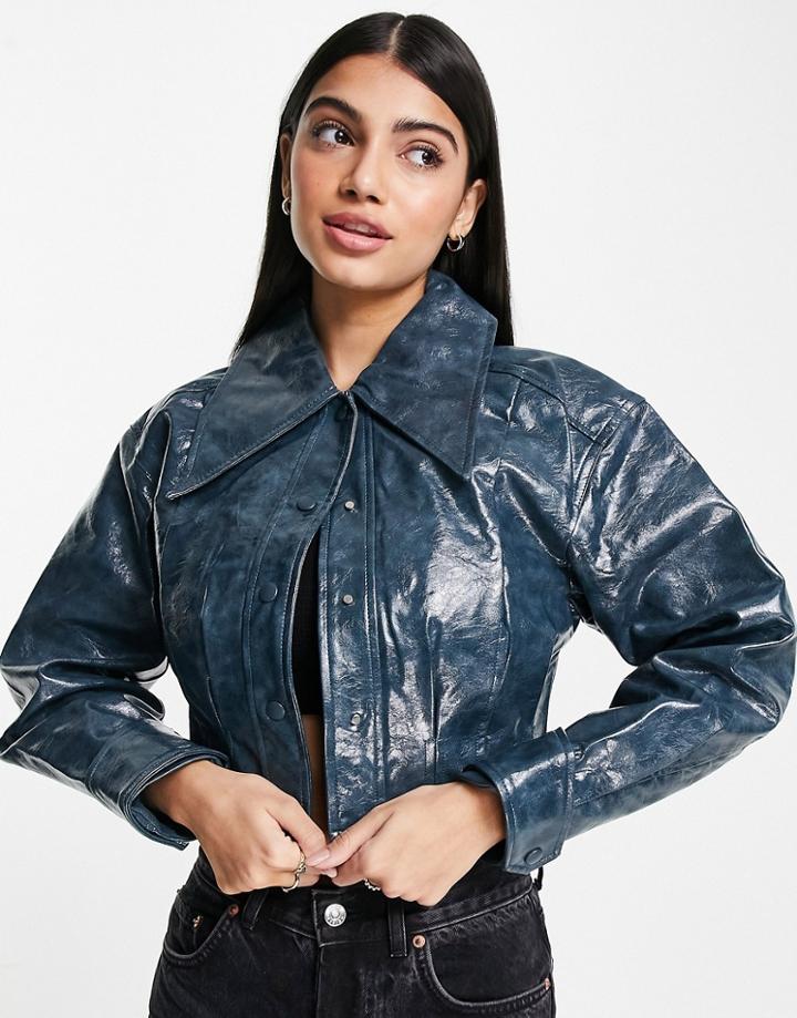 Urban Revivo Faux Leather Short Jacket In Blue-blues