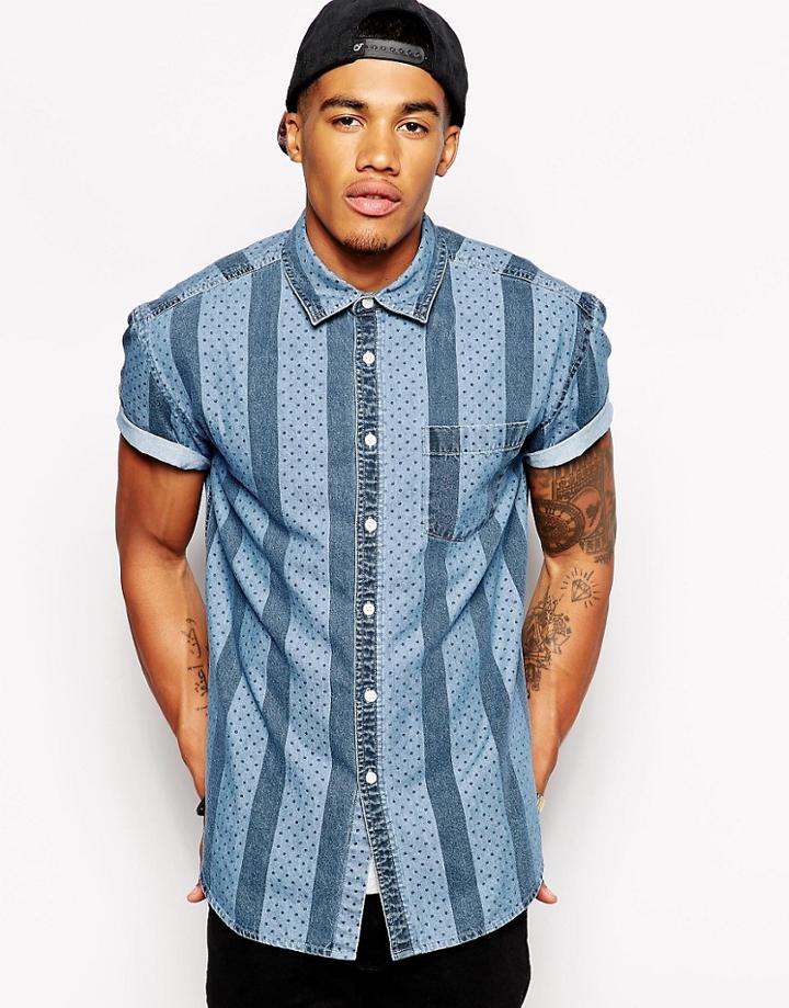 Asos Oversized Denim Shirt In Short Sleeve With Stripe And Polka Dot Print - Blue