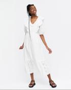 New Look Broderie Ruffle Midi Dress In White