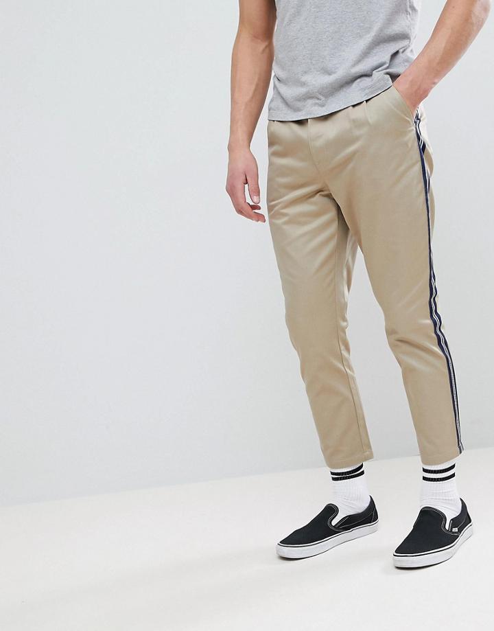 Asos Tapered Cropped Heavyweight Pants With Side Stripe In Stone - Stone