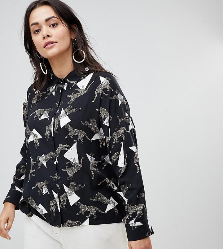 Asos Design Curve Cropped Shirt In Geo Leopard Print - Multi