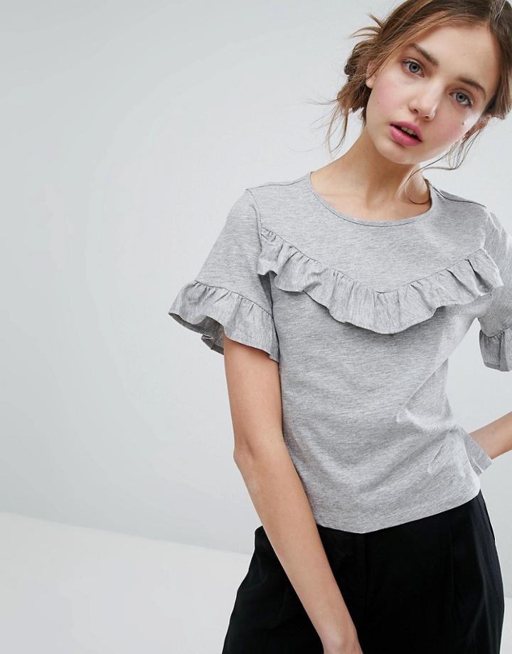Monki Ruffle Detail T-shirt - Gray