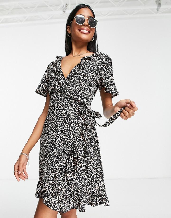 Jdy Alba Wrap Mini Dress In Ditsy Print-black