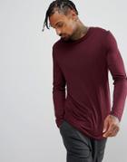 Asos Longline Long Sleeve T-shirt In Drape Viscose Fabric In Burgundy - Red