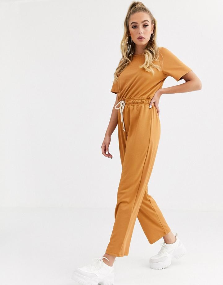 Asos Design Casual Textured Jumpsuit With Rope Detail Tie Waist-beige